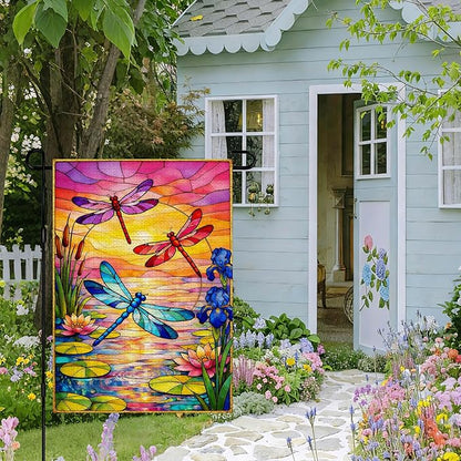 IVN Dragonfly Garden Flag 12x18 Inch – Sunset Lake Stained Glass Style Outdoor Flag, Double Sided Burlap Yard Flag for Porch Lawn Patio Decorative