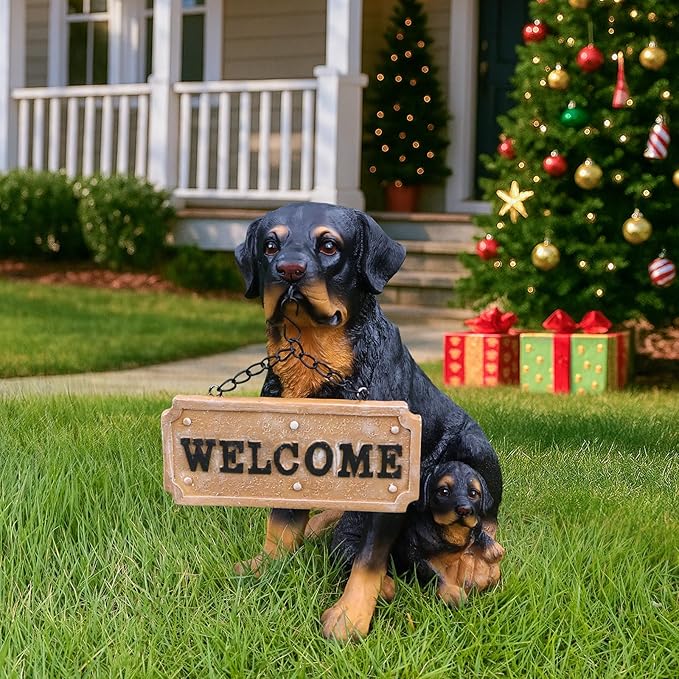 Rottweiler Dog Garden Statue with Solar Lantern & A Double-Sided Sign (Welcome/On Patrol), 11.4" Outdoor Resin Puppy Sculpture Yard Art Decor for Patio Lawn Porch, Dog Lover Gift