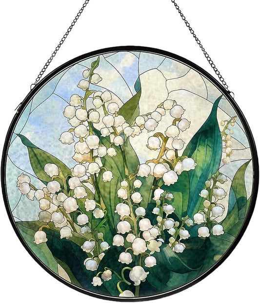 Lily of The Valley Flower Stained Glass Window Hanging, Suncatcher Diamond Glass Panel Hangings, Sun Catchers Indoor Windows Wall Art, Gift for Mom Grandma, Christmas Decor for Home Office 7.87 inches