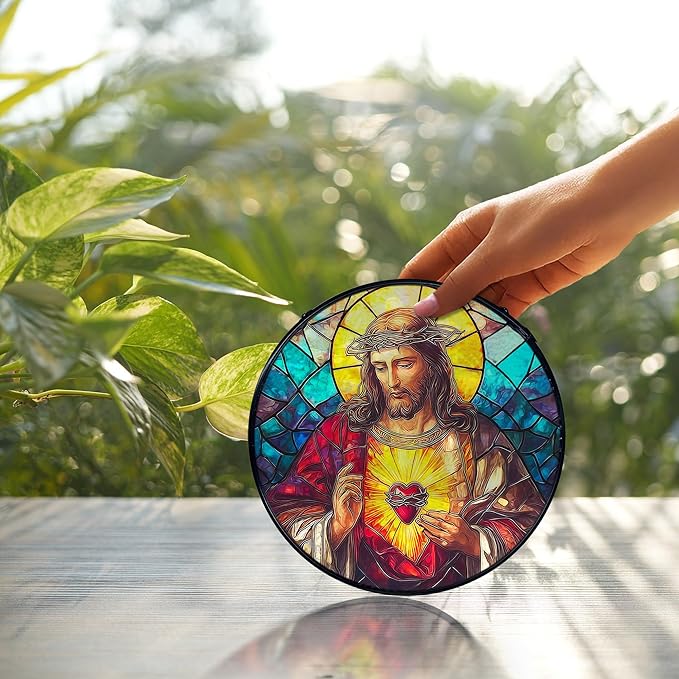 Easter Sacred Heart of Jesus Christian Gigts Suncatcher Stained Glass Window Hanging, Religious Sun Catchers Indoor Window Glass Wall Art Decor, Christian Wall Hanging Decor, 7.9x7.9 Inch