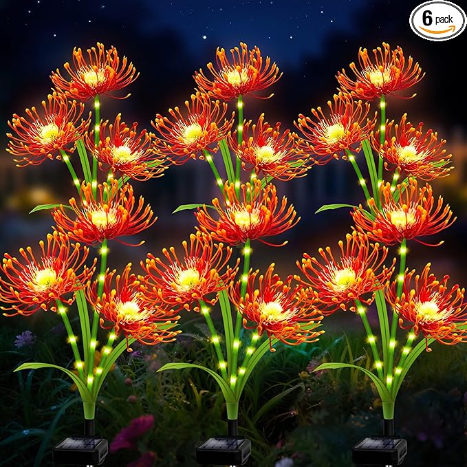Solar Garden Flower Lights Outdoor,6 Pack Orange Spider Lily Lights with Glowing Stems,Waterproof Fall Decor Solar Yard Decor for Patio Lawn Pathway,Thanksgiving Garden Gifts for Women Mom Grandma