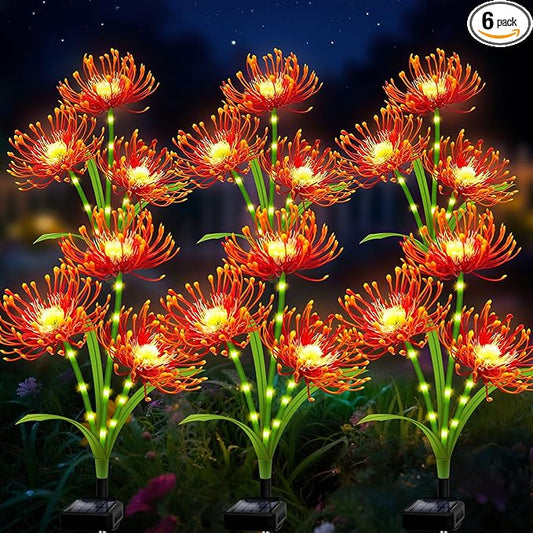 Solar Garden Flower Lights Outdoor,6 Pack Orange Spider Lily Lights with Glowing Stems,Waterproof Fall Decor Solar Yard Decor for Patio Lawn Pathway,Thanksgiving Garden Gifts for Women Mom Grandma