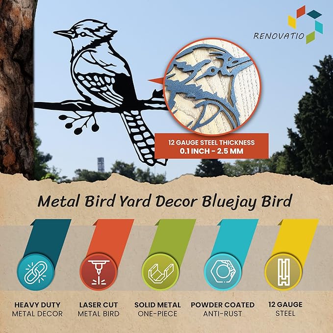 Renovatio Metal Bird Decor, Gifts for Mom, Rustic Bluejay Decoration, Metal Garden Sculpture, Outdoor Tree Ornaments – A Unique Outdoor Yard Decor – Bluejay (Black)