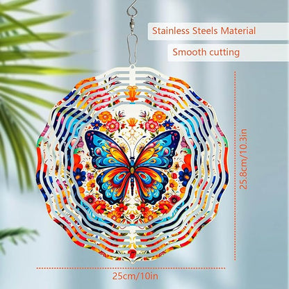 Butterfly Wind Spinner Outdoor Garden Decor, 10 inch 3D Stainless Steel Hanging Wind Spinner, Kinetic Art Garden Yard Decoration, Gift for Woman