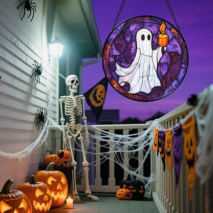 Stained Glass Window Hanging - Halloween Decorations Ghost Suncatcher for Doors Garden Indoor Spooky Funny Purple Sun Catchers Gothic Decor Horror Gifts for Women Men Friend 9.8 in