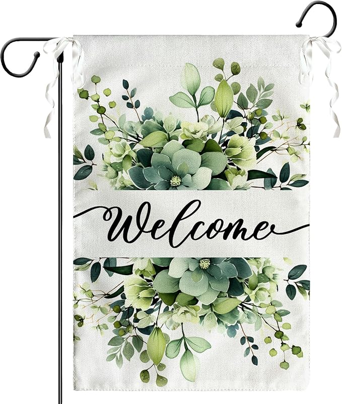 Spring Summer Welcome Garden Flags 12x18 Inch Double Sided Green Eucalyptus Leaves Floral Garden flag Seasonal Yard Flags for Outside Decorations Banner for Outdoor Farmhouse Yard
