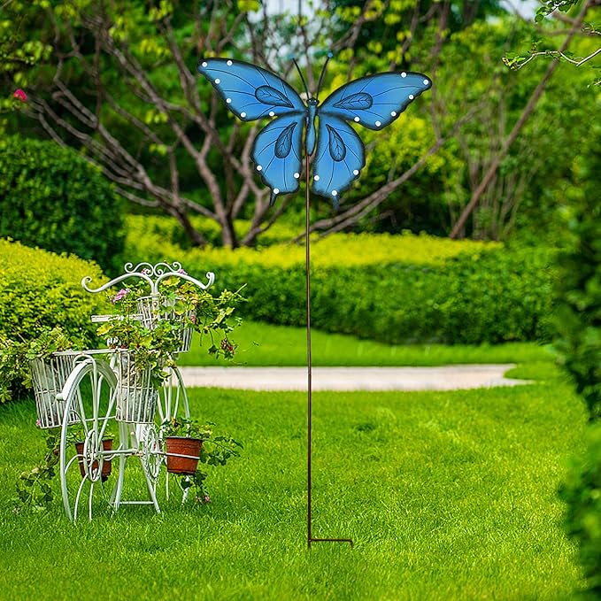 Garden Decor Metal Yard Stakes Spring Lawn Art Decorative Plant Stake Indoor Outdoor Ornaments Decoration for Patio Pathway Backyard (Blue Butterfly)