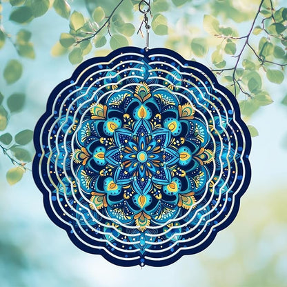Wind Spinners Outdoor, Hanging Wind Spinner for Garden Decoration, 8 inch 3D Stainless Steel Metal Wind Sculpture for Indoor/Outdoor Decor, Mandala Blue