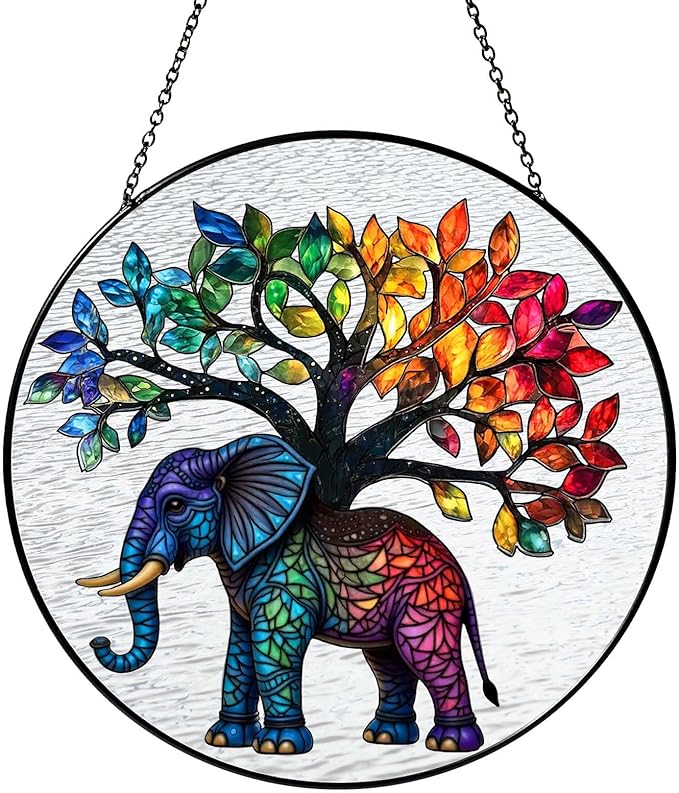 Elephant Tree Stained Glass Window Hanging Boho Animal Sun Catcher Decor Birthday Gifts for Women Christmas Elephant Suncatchers for Home Windows Hanging Decoration, 7.87inch