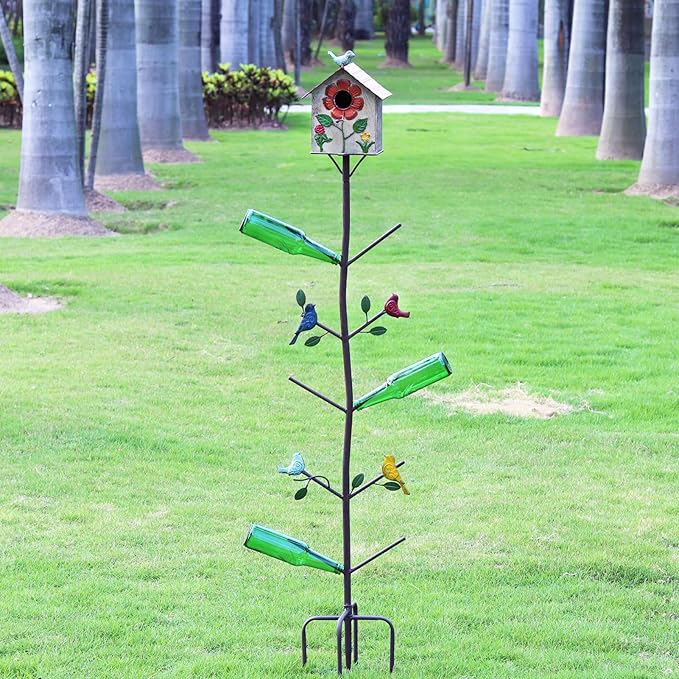 Multifunctional Metal Bird House Glass Bottle Tree Stake for Outdoor Colorful Garden Decorative Bottle Holder & Outdoor