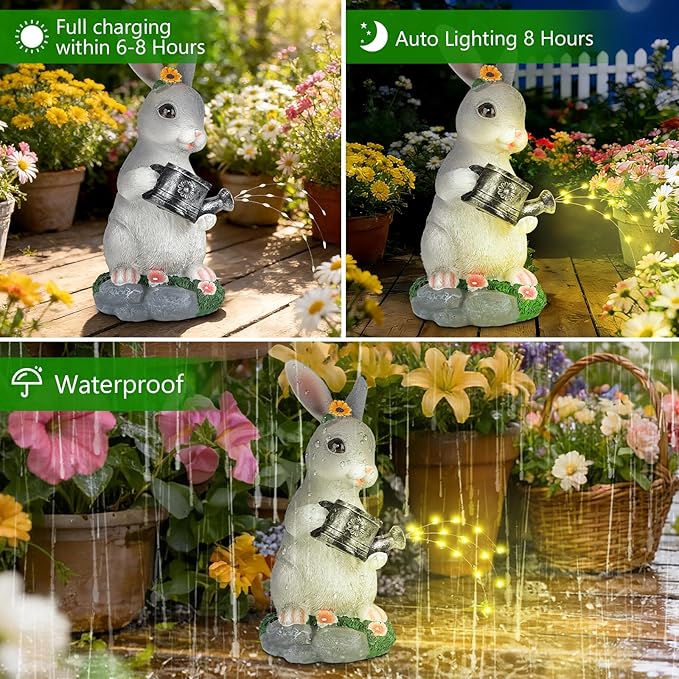 Solar Garden Decor Watering Bunny Statues Outdoor, Outdoor Sculpture Figurine Statue Lights, Outdoor Garden Yard Lawn Patio Decoration, Unique House Warming Birthday Present for Women Family