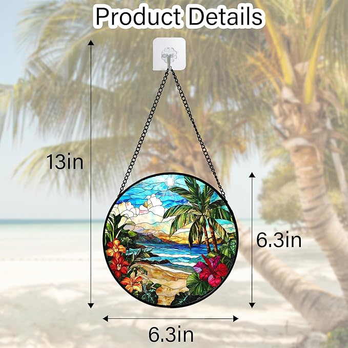 DASTOLL Stained Glass Window Hanging, Blue Beach Scenery Suncatcher Diamond Glass Panel Hangings Sun Catchers Decor for Birthday for Women, Men, Wife, Aunt, and Mom 6.3 in