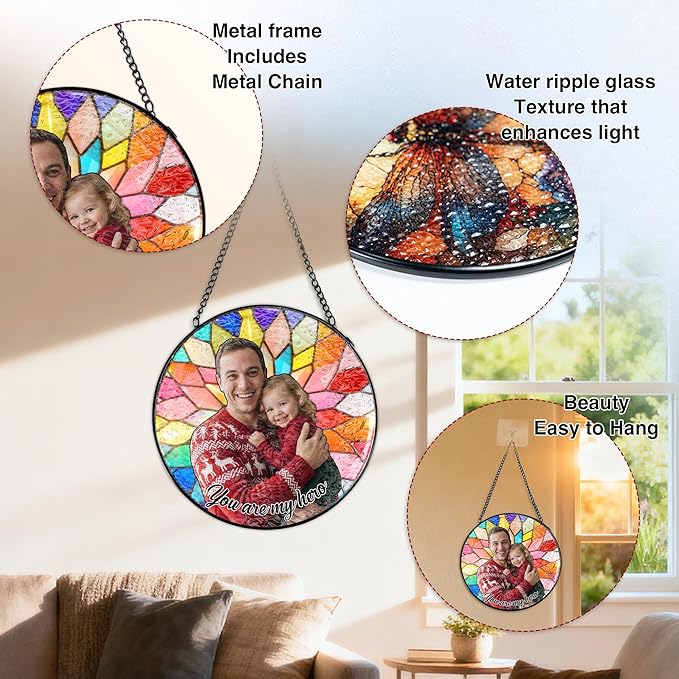 Personalized Mom Stained Glass Windows Hanging, Family Picture Suncatcher Ornament, Custom Photo Gift, Christmas Birthday Grandparents Mom Gifts