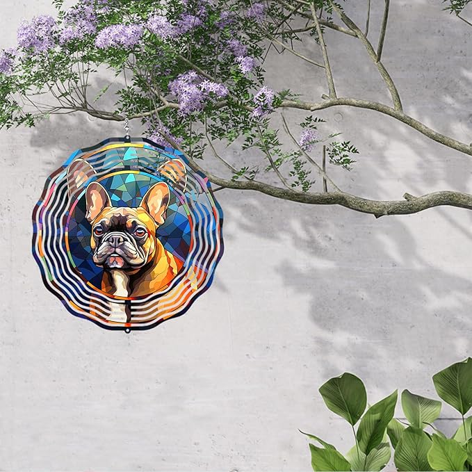 French Bulldog Wind Spinner Pet Dog Memorial Gifts 3D Aluminum Metal Kinetic Hanging Wind Sculpture Spinners for Yard and Garden Indoor Outdoor Window Garden Decoration 8 Inch (French Bulldog 3)