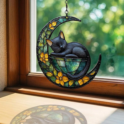 Earthy Tiffany Moon Cat Art Acrylic Suncatcher Stained Glass Effect Window Car Hanging Christmas Ornament Indoor Outdoor Decor Garden Sun Catcher Panel for Fairy Lover for Women Mom Grandma