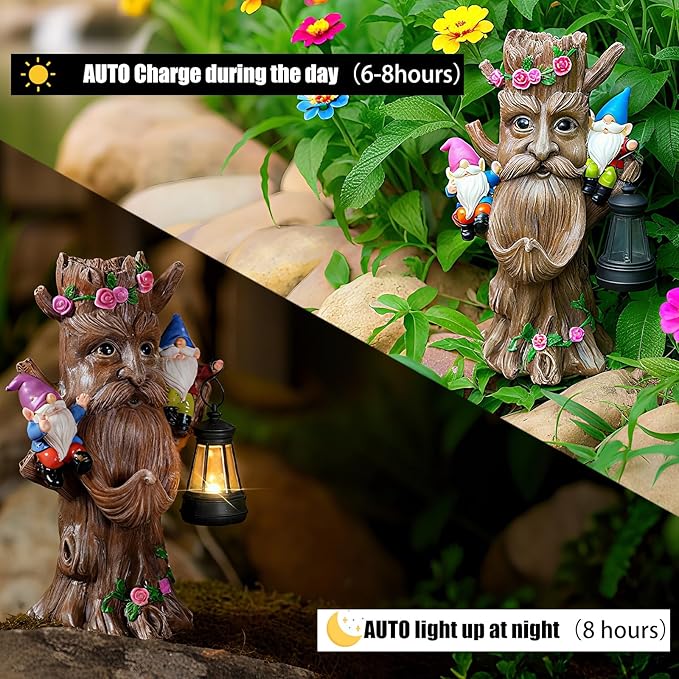 Joint Honglin Whimsical Tree Ent Garden Statue with Gnomes – Solar Powered Outdoor Decor with LED Lantern, Funny Yard Ornament for Lawn, Patio, Porch, or Garden