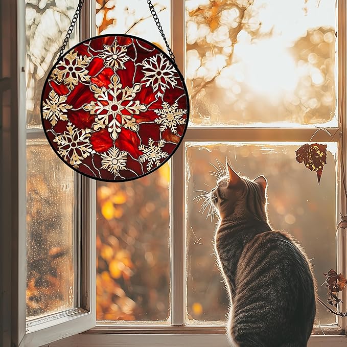 DASTOLL Stained Glass Window Hanging 4 Pcs Set Red Christmas Elk Snowflakes Large 15" - Deer Suncatcher Door Garden Sun Catcher Decor Birthday for Mom Woman Nana Men Friend