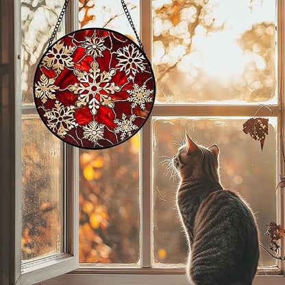 DASTOLL Stained Glass Window Hanging 4 Pcs Set Red Christmas Elk Snowflakes 6.3" - Deer Suncatcher Door Garden Sun Catcher Decor Birthday for Mom Woman Nana Men Friend