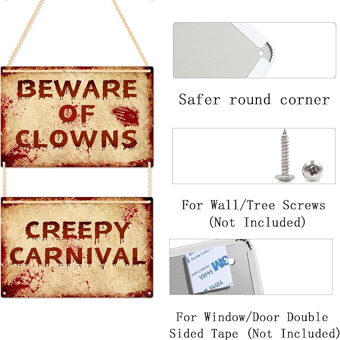 2 Pcs Terrifying Halloween Clown Metal Signs, CREEPY CARNIVAL & BEWARE OF CLOWNS Bloody Vintage Warning Signs, Spooky Scary Evil Circus Wall Decor, Indoor Outdoor Carnival Party Yard Event Decoration