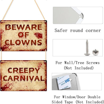 2 Pcs Terrifying Halloween Clown Metal Signs, CREEPY CARNIVAL & BEWARE OF CLOWNS Bloody Vintage Warning Signs, Spooky Scary Evil Circus Wall Decor, Indoor Outdoor Carnival Party Yard Event Decoration