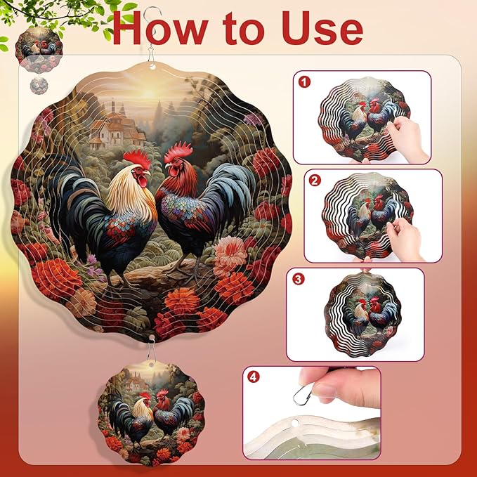 Rngmsi Chicken Wind Spinner Outdoor, Rooster Wind Spinners 3D Frosted Hanging for Patio Lawn and Garden, Chicken and Flower Hanging Wind Gifts for Women Mom Men Grandma (12 X 12 Inches)