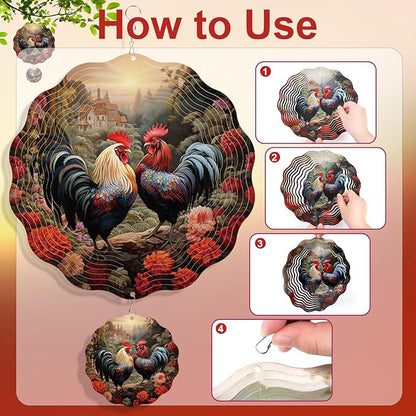 Rngmsi Chicken Wind Spinner Outdoor, Rooster Wind Spinners 3D Frosted Hanging for Patio Lawn and Garden, Chicken and Flower Hanging Wind Gifts for Women Mom Men Grandma (12 X 12 Inches)