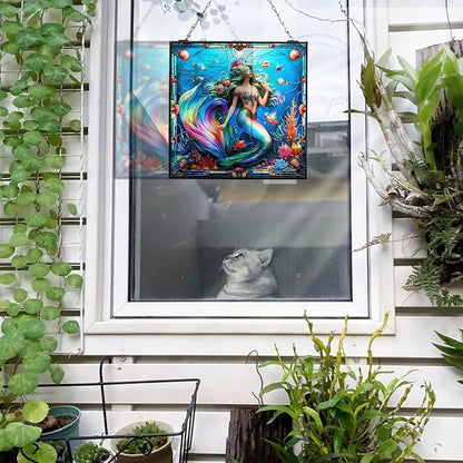 Mermaid Stained Glass Window Hanging Sun Catcher Halloween Haning Ornament Decoration Christmas Birthday Gifts for Lover and Mother's Day 20cm/7.87inch