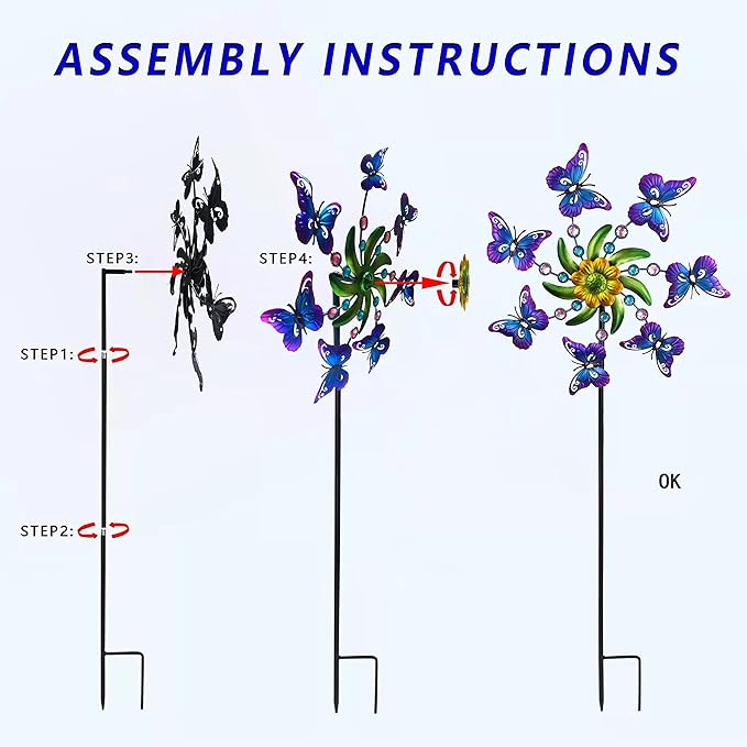COOZZYHOUR 39" Butterfly Wind Spinner for Yard and Garden Stake,Outdoor Metal Windmill,Single Direction Wind Sculptures, Kinetic Windmills for Garden Decorations.