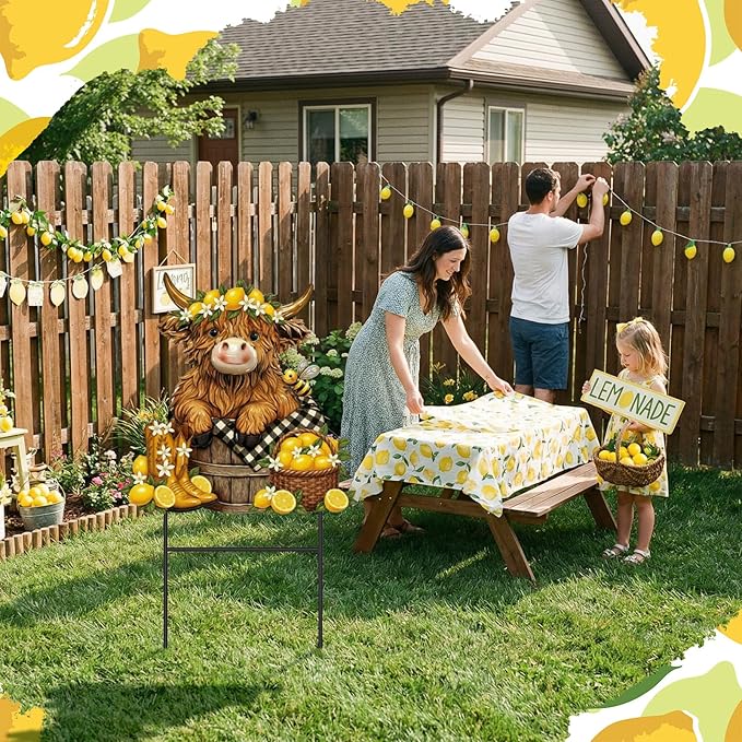 Amyhill Lemon Highland Cow Outdoor Decor Summer Lemon Garden Metal Stakes Decorative Highland Calf Lovers Yard Signs with Stakes for Summer Farmhouse Holiday Garden Lawn Decor