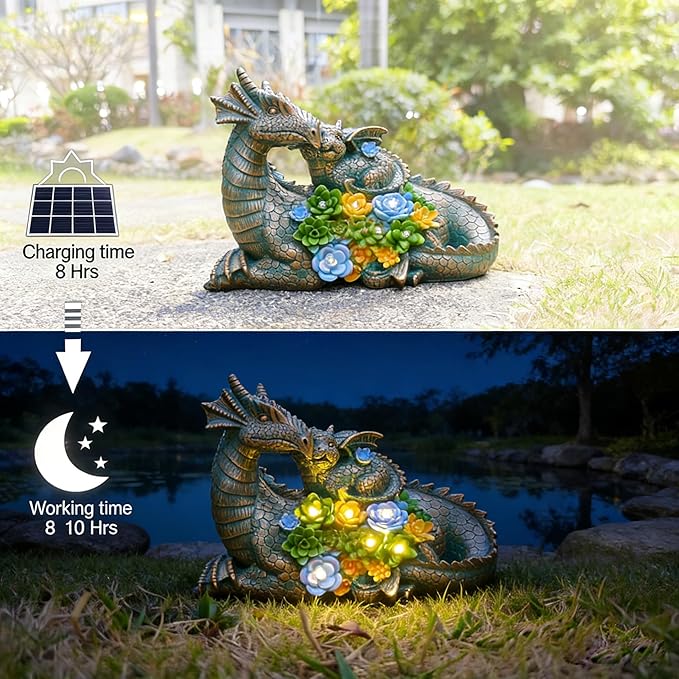JOYBEE Dragon Solar Garden Statues Outdoor Decoration with Succulent and 6 LED Lights,Dragon Figurine Solar Lights Lawn Décor,Outside Statue Ornament for Patio, Balcony, Yard,Unique Gift for Mom