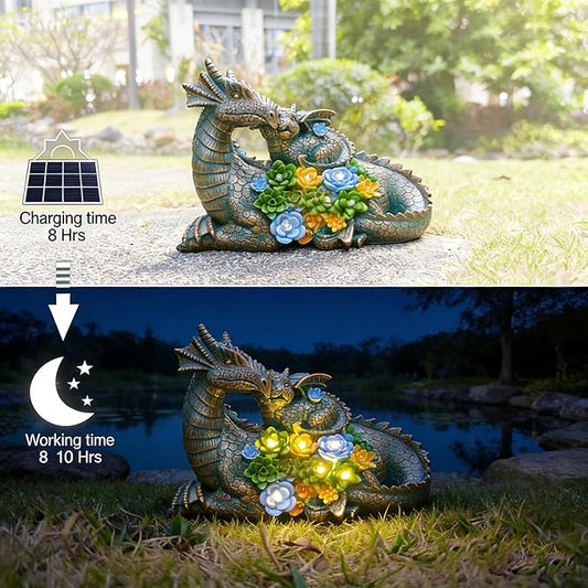 JOYBEE Dragon Solar Garden Statues Outdoor Decoration with Succulent and 6 LED Lights,Dragon Figurine Solar Lights Lawn Décor,Outside Statue Ornament for Patio, Balcony, Yard,Unique Gift for Mom