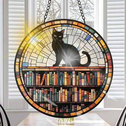 VAIIEYO Book Sun Catcher Stained Glass Window Hanging Ornament, Handmade Sun Catcher Black Cat Animal Decoration with Hooks for Window Garden Home, Christmas & Birthday Housewarming Gift (7.8 inch)