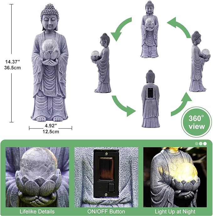 Solar Buddha Statue Outdoor – 14 Inch Tall Solar Outdoor Yard Zen Garden Decor - Ideal Gifts for Housewarming