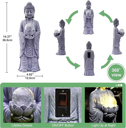 Solar Buddha Statue Outdoor – 14 Inch Tall Solar Outdoor Yard Zen Garden Decor - Ideal Gifts for Housewarming