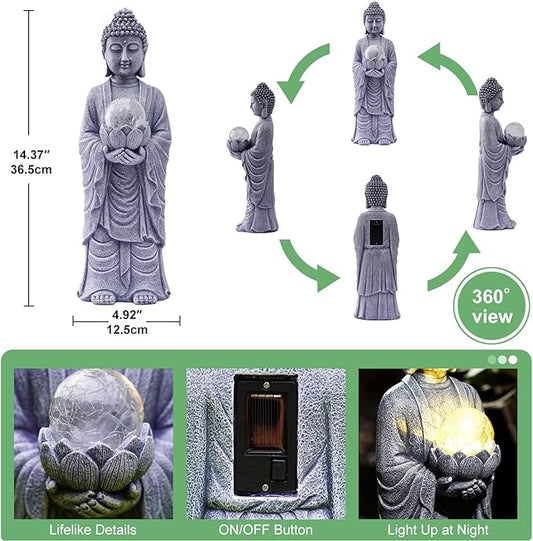 Solar Buddha Statue Outdoor – 14 Inch Tall Solar Outdoor Yard Zen Garden Decor - Ideal Gifts for Housewarming