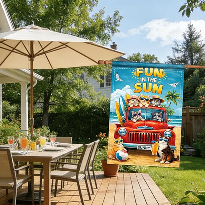 Nuxovilar Large Summer Garden Flag Fun In The Sun Cat Beach Truck Pattern Polyester 28×40 Inches Garden Flags for Outside Fun Decor Yard Porch Lawn