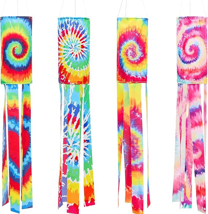 Moukeren 4 Pieces Tie Dye Windsock Flag Rainbow Color Tails Design Rainbow Windsock Flag Outdoor Hanging Decoration for Home Yard Garden Balcony Decoration(40 Inch)