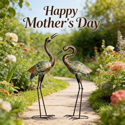 Shorayn Garden Crane Statues, Blue Heron Sculptures for Outdoor, Cranes Decor Metal Bird, Patina Garden Art Lawn Ornaments for Yard Patio Porch Outside Decorations