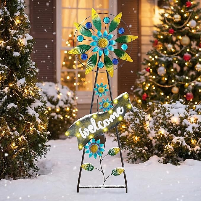 TERESA'S COLLECTIONS Hummingbird Garden Solar Stake, Wind Spinner Yard Art Sign for Outdoor Decor, Metal Purple Floral Windmill Decorative Garden Stake for Lawn Ornaments, Gifts for Mom, 36''