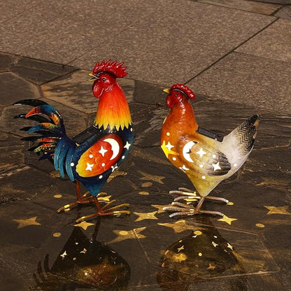 Natelf Solar Rooster and Hen Statue, Outdoor Metal Chicken Decor with Solar Lights, Hand-Painted Farmhouse Garden Art for Yard, Patio, Chicken Coop - Housewarming Gifts Set of 2