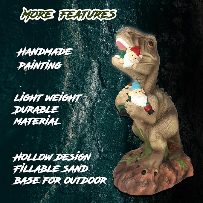 PARTYGEARS Dinosaur Statue with Gnomes, 16“ Large Outdoor Garden Statues Yard Decor, Funny Dinosaur Holding Gnomes Figurines for Patio Lawn, Weatherproof Gnome Decorations for Home, Unique