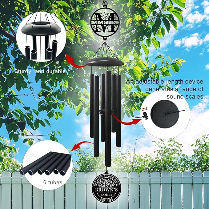 Best Housewarming Gifts 2025， Large Black Metal Wind Chime Outdoor Decor, Custom Family Name Welcome Sign, New Home Gift, Garden Patio Porch Decoration