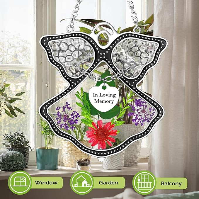 KY&BOSAM Angle Suncatcher in Loving Memory Glass Sun Catchers for Windows Hanging Wind Chime Ornament Pressed Real Flower and Metal Heart Charm Sympathy Bereavement Memorial for Loss Gift