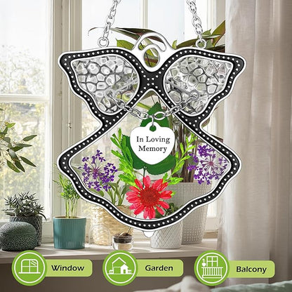 KY&BOSAM Angle Suncatcher in Loving Memory Glass Sun Catchers for Windows Hanging Wind Chime Ornament Pressed Real Flower and Metal Heart Charm Sympathy Bereavement Memorial for Loss Gift