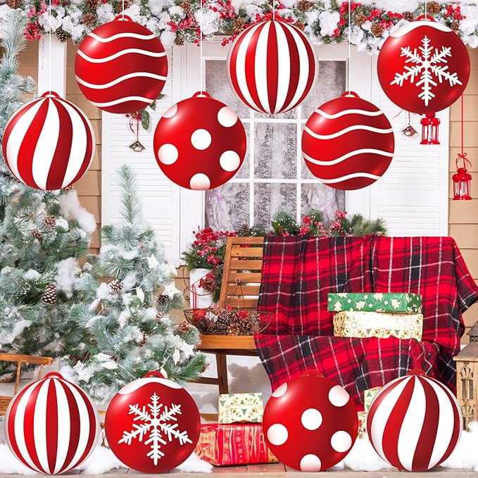 Jetec 10 Pcs Christmas Inflatable Balls Decorations 9 Inch PVC Inflatable Balls Winter Snowman Hanging Ornaments for Outdoor Garden Tree Party(Xmas Ball)