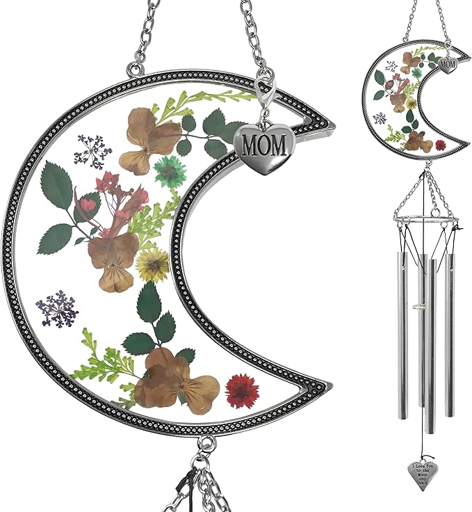 Mom Wind Chimes with Pressed Flowers - Colorful Floral Hanging Chime for Mom - Mother’s Day, Birthday for Mother - Decorative 20 Inch Outdoor or Indoor Mom Gift
