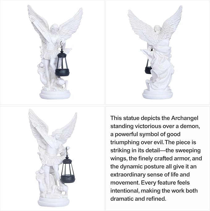 Solar San Miguel Arcangel Outdoor Garden Decor Statues 12.4" Solar St Michael the Archangel Satue for Yard Patio Lawn Porch Decorations Resin St Michael Figurine Religious Collection Sculptures Gifts