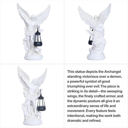 Solar San Miguel Arcangel Outdoor Garden Decor Statues 12.4" Solar St Michael the Archangel Satue for Yard Patio Lawn Porch Decorations Resin St Michael Figurine Religious Collection Sculptures Gifts
