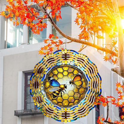 10 Inch Bee Wind Spinner, 3D Stainless Steel Hanging Kinetic Wind Sculpture for Home Garden Yard Art Lawn Balcony Window Porch Outdoor Indoor Decor