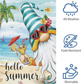 Heyfibro Hello Summer Gnome with Cocktail Garden Flag 12x18 Double Sided Burlap, Hawaii Tropical Beach Holiday Ocean Sea Welcome Flower Yard Banner for Seasonal Outdoor Party Decoration(ONLY FLAG)